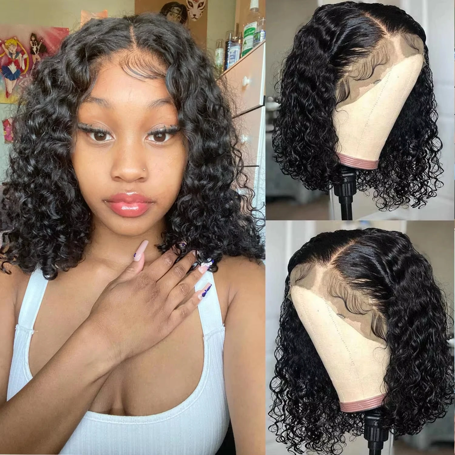 

8-16 Inch Short Bob Wig 13x4 Transparent Lace Frontal Human Hair Wigs Water Wave Remy Preplucked 180 Density