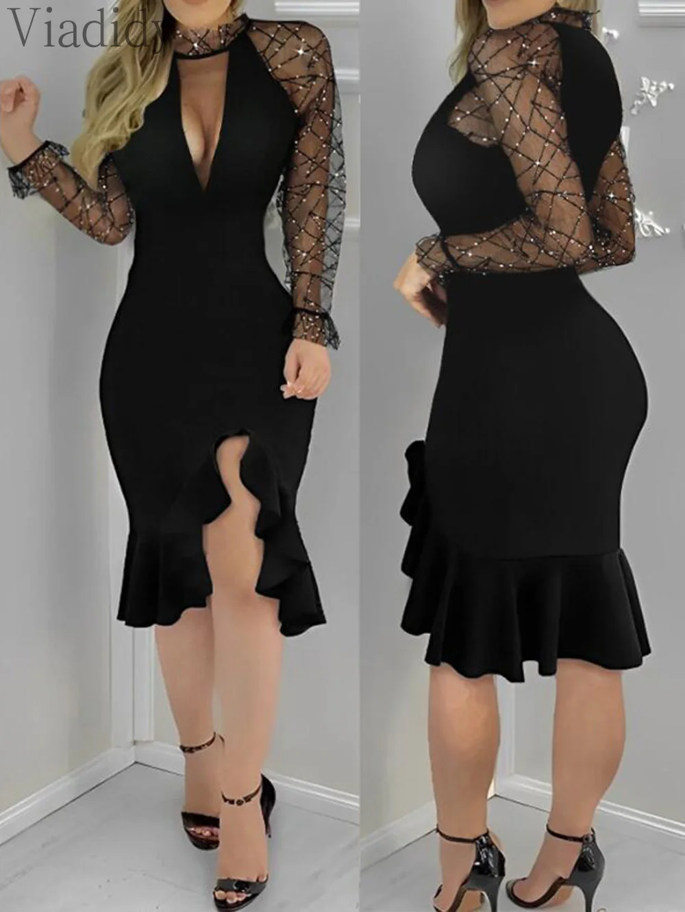 Women Sexy Rhinestone Decor Sheer Mesh Patchwork Ruffles Irregular Party Dress