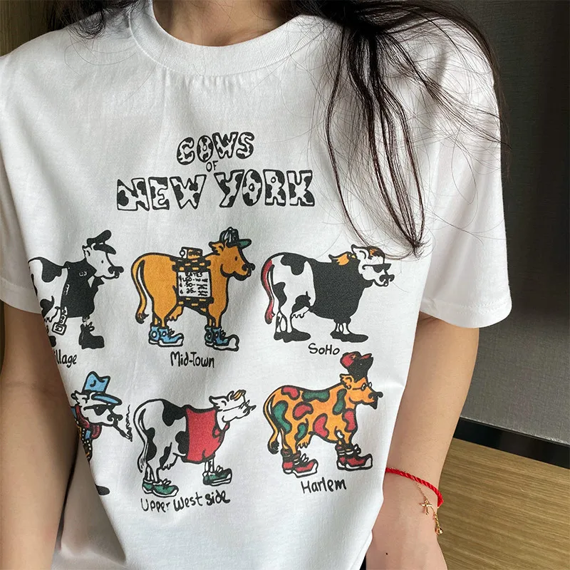 Funny Cows of New York Graphic Printing Women T Shirts White Loose Short Sleeve Cotton TopsTees 2023 Summer Cute Casual Shirts