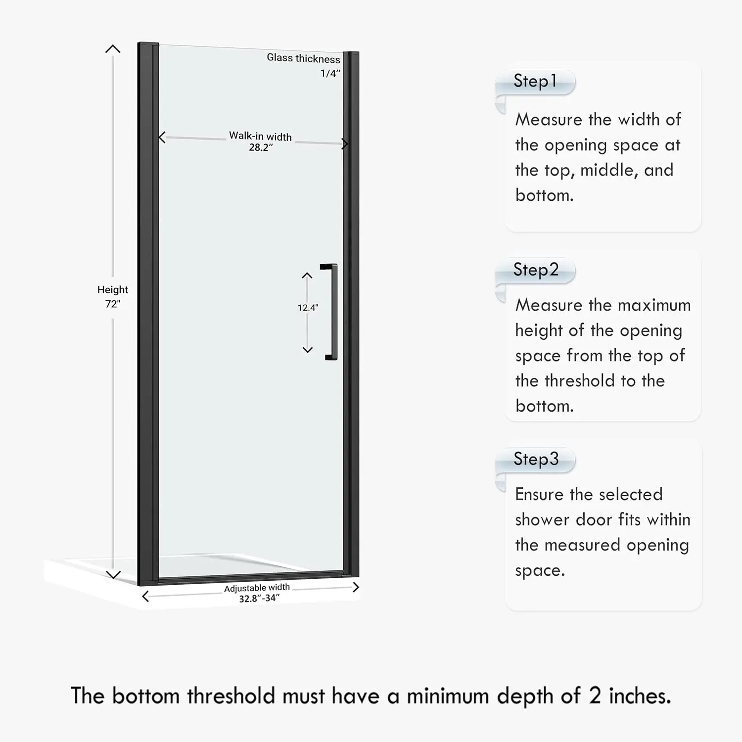 

Frameless Pivot Shower Door 32.8-34" W X 72" H, 1/4" (6mm) Clear SGCC Tempered Glass, Hinged Pivot Swing Shower Door, Reversible