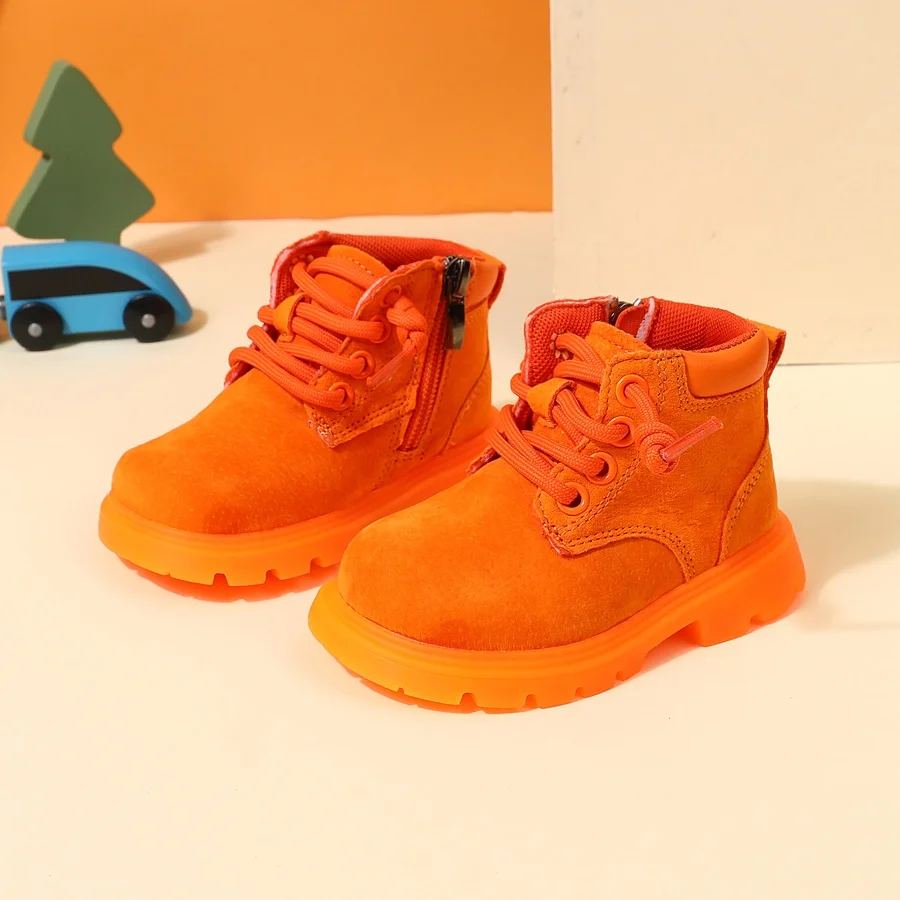 2024 New Autumn Baby Boots Leather Boys Ankle Boots Orange Soft Sole Non-slip Fashion Toddler Girls Boots