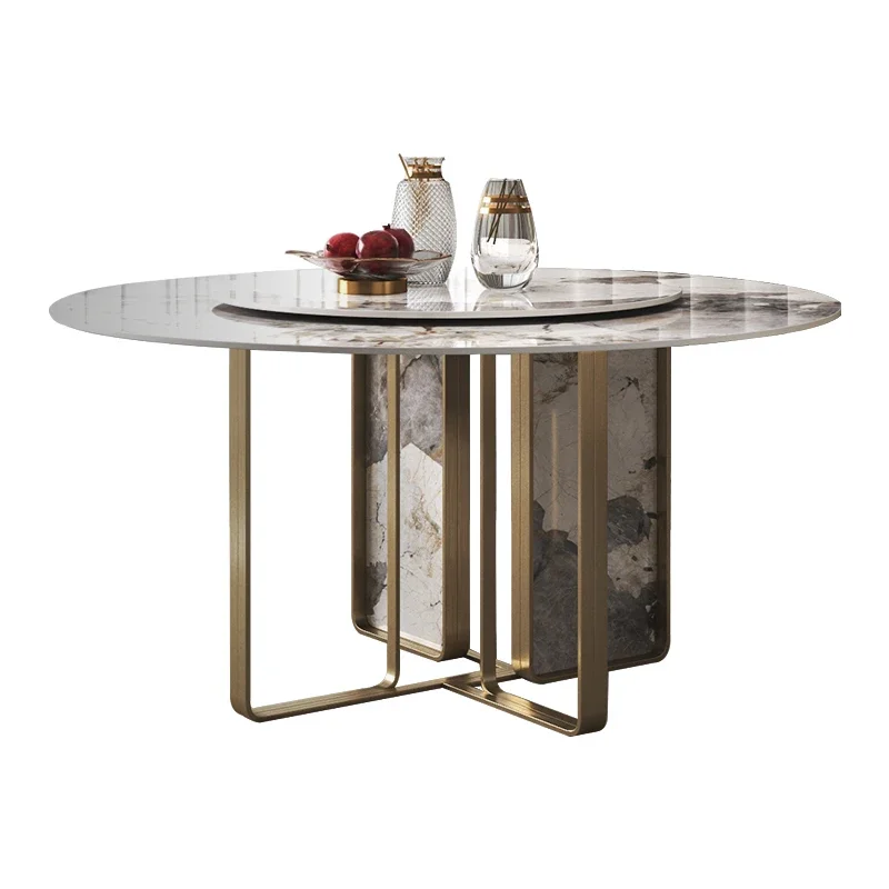 

Bright rock slab round table with turntable modern simple light luxury rock slab dining table