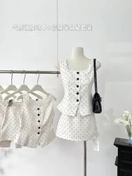 Summer Women Old Money Vacation French Vintage Office Lady Gyaru Polka Dot Outfits 2 Piece Set Vest + Mori Elegant Mini Skirt