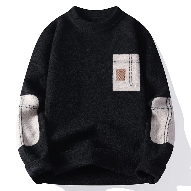 men's autumn winter long sleeves knit sweater round neck new model patch keep warm pullover leisure fashion youth men's clothing