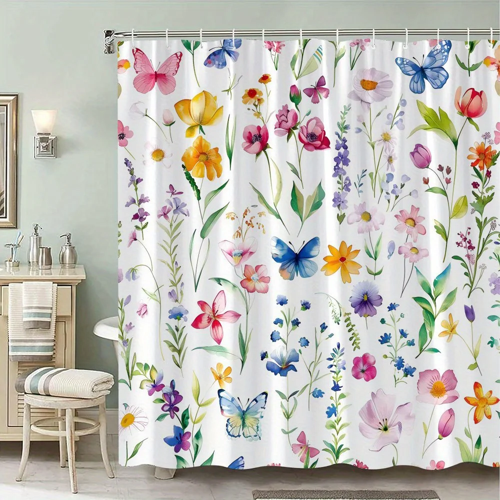 

Цельная занавеска для душа с цветочными бабочками, разноцветные розы, ромашки и лилии с бабочками, полиэфирная ткань, с крючком