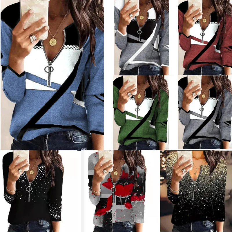 T-shirt Women spring/summer Floral Printing Zipper Long Sleeve Fashionable V-neck women's Tshirts Dropshipping Sale YSX2123