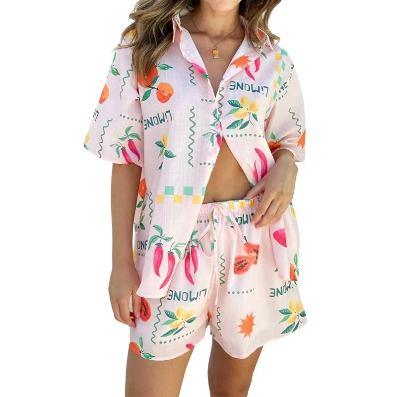 Women Shorts Set Graphic Printed Short Sleeve Shirt Blouse Tops + Elastic Waist Shorts Summer Beach Style 2 Piece Outfits