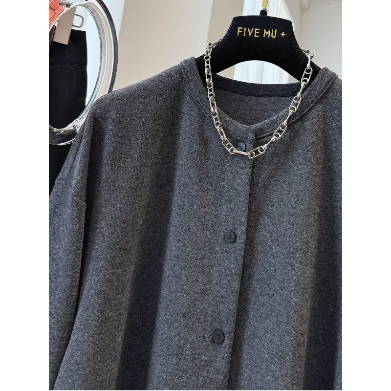 Women Crew Neck Sweatshirt Cardigan Loose Lazy Style Casual Long Sleeve Outerwear For Autumn