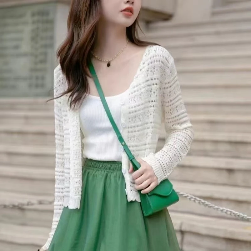 

Knitted Cardigan Short Style 2025 spring summer new ice thin jacket long sleeved hollow sun protection women's shawl trend
