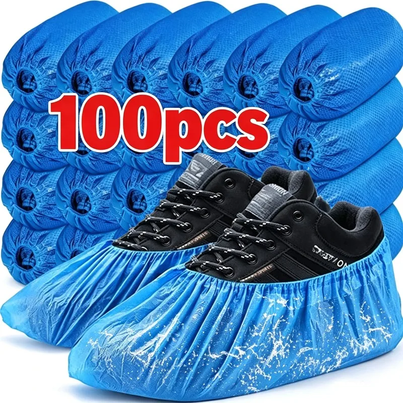 100pcs Unisex Waterproof Shoe Covers Disposable Plastic Nonwoven Non Slip Dustproof Overshoes Portable Indoor Outdoor Protection