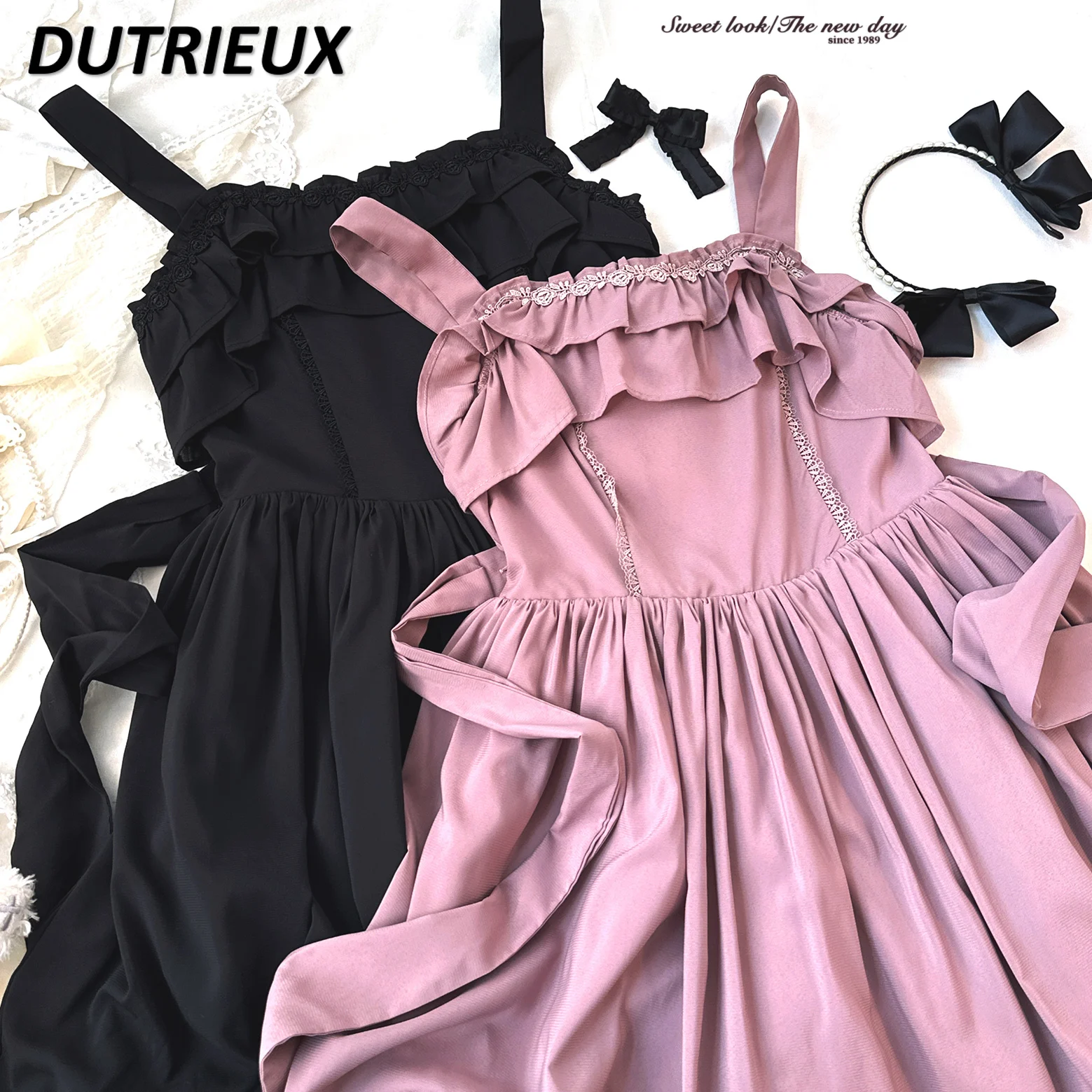 Japanese Retro Elegant Dark Suspender Dress Summer New Lace Lotus Leaf Lace Sweet Sleeveless High Waist Medium and Long Dresses