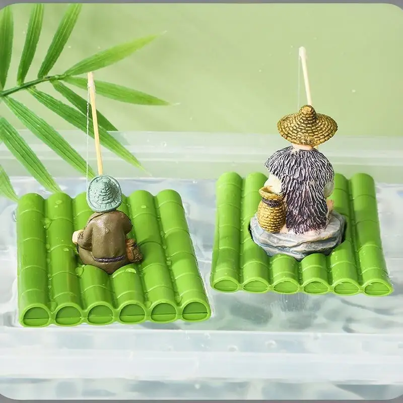 Floating Bamboo Raft Fishing Ornament Feeding Platform For Miniature Landscape Decoration Garden Statue Outdoor Decoration