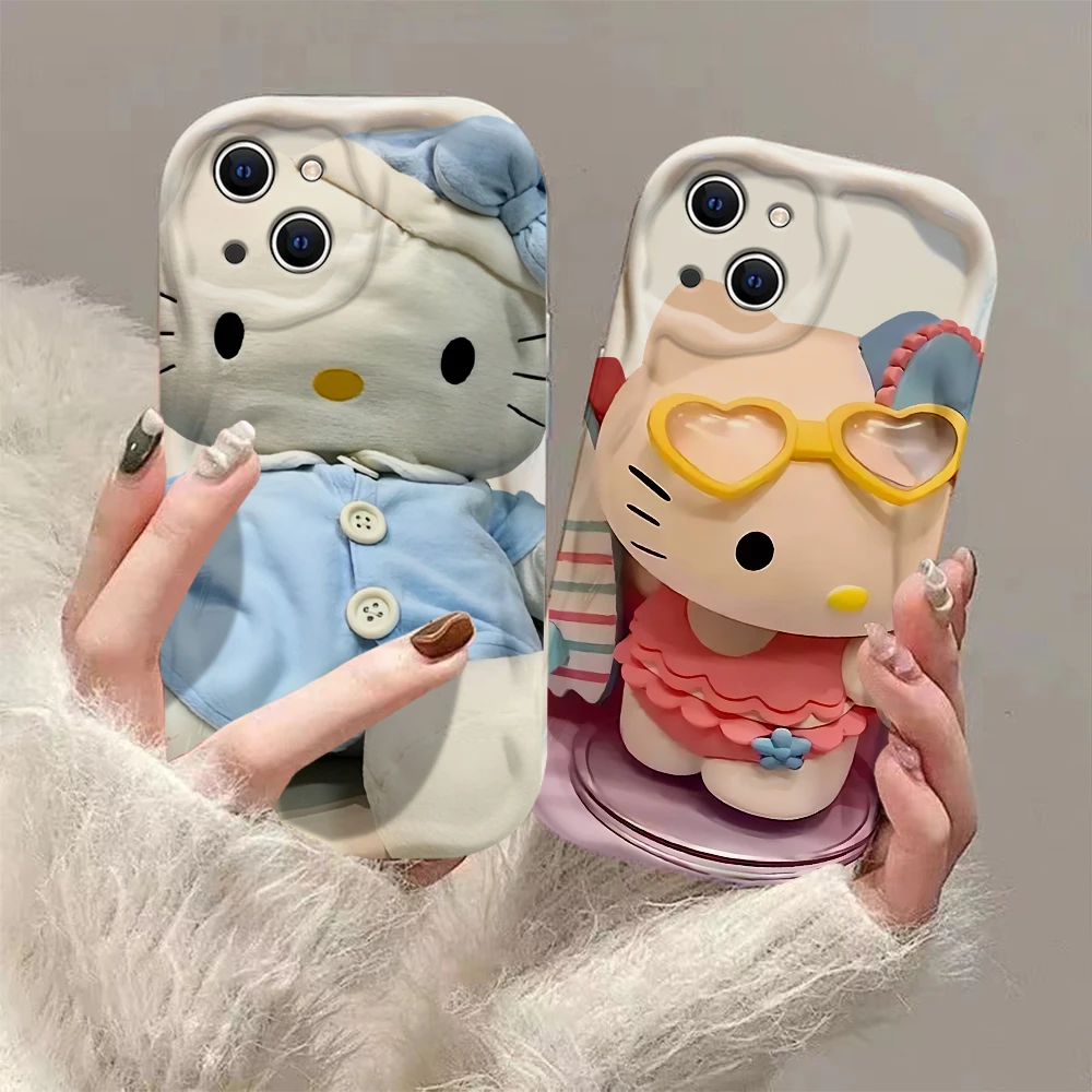 Cute anime Hawaiian Hello Kitty 3D Wave Case For iPhone 15 14 13 12 11 Pro Max Mini X XR XSMAX 8 7 6S Plus Soft Silicone Cover