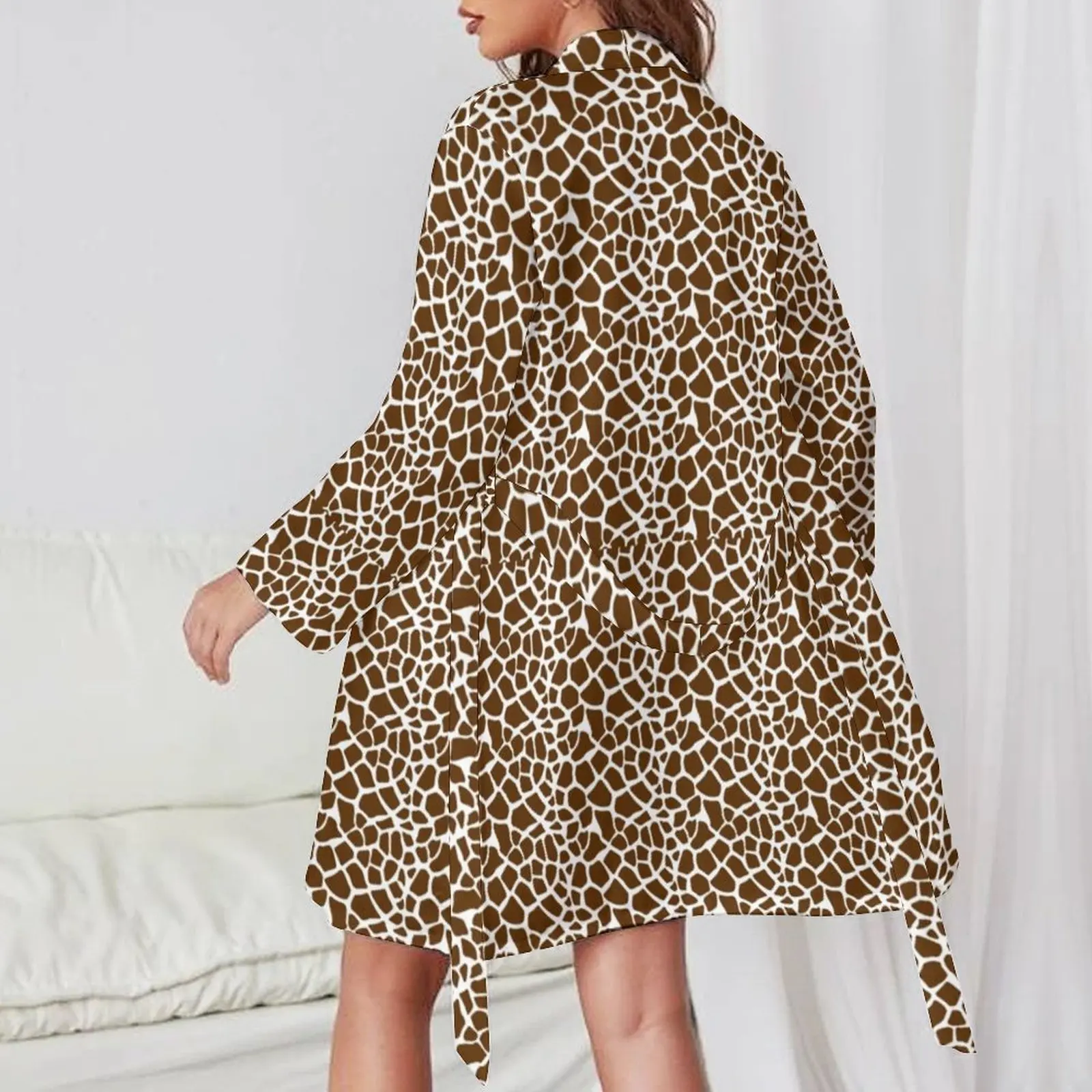 Giraffe Print Pajama Robe Brown and White Long Sleeve Room Pajamas Robes Women V Neck Lovely Nightgown Spring Printed Dress