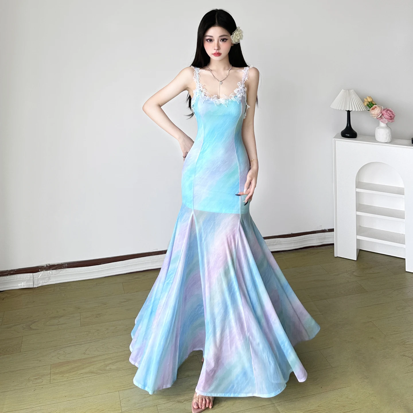 

Holiday Lace Trim Trumpet Dress Beach Style Slim Slash Neck Sleeveless Maxi Dresses For Women 2025 Summer Fashion Streetwear