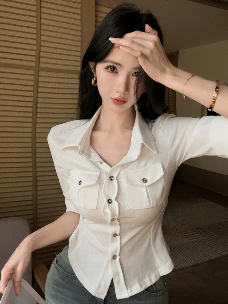 

Korean Style Spicy Girl Collar Elastic Short Sleeve Workwear Shirt Women Summer New Street Fashion Versatile Slim Fit Top