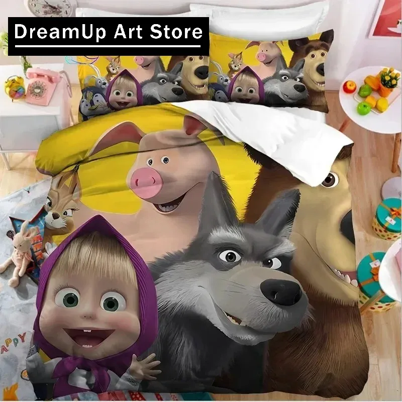 3D Print Cartoon Masha N Bear Bedding Set Boys Girls Twin Queen King Size Duvet Cover Pillowcase Bed boys Adult Bedroom