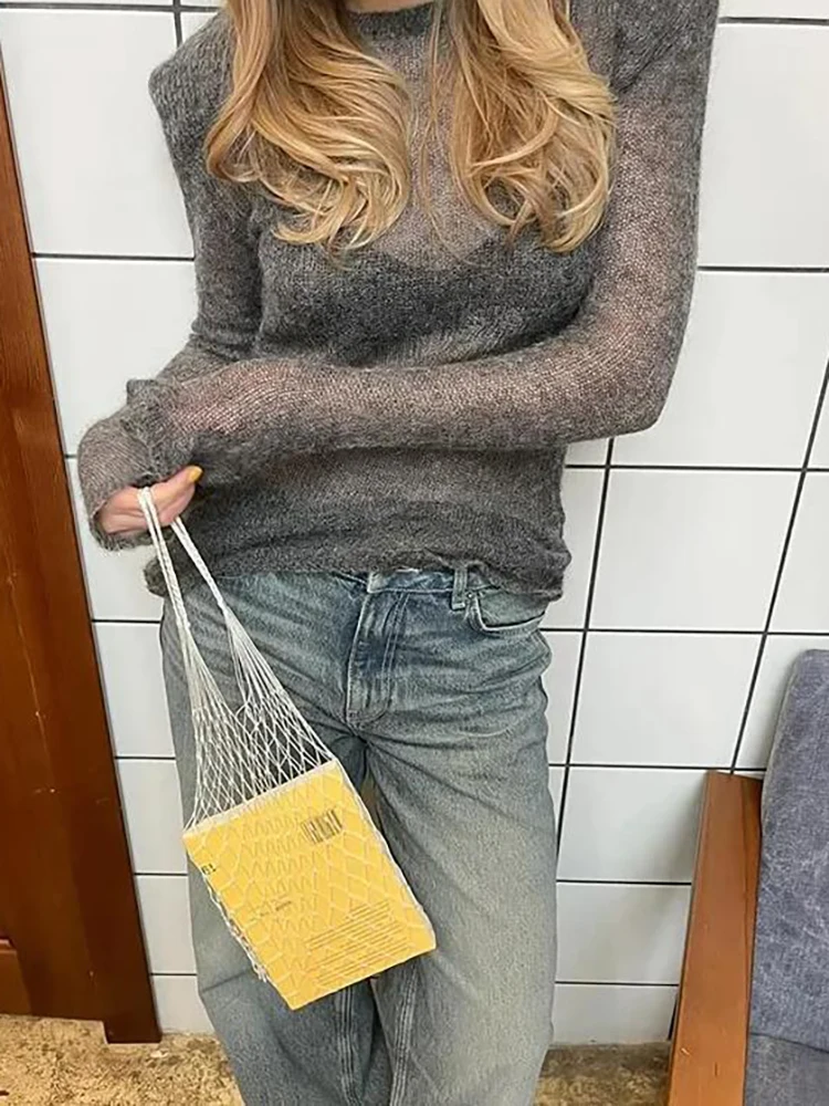 

Fantoye вязаный сексуальный прозрачный пуловер женский свитер серый свитер с длинными рукавами и круглым вырезом осенний тонкий повседневный уличный свитер для вечеринок