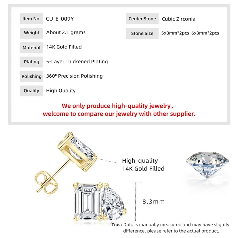 Lnkry Emerald & Pear Transparent Zirconia Earrings 14k Gold Filled Two Stone Stud Earring for Women Girls Birthday Jewelry Gift