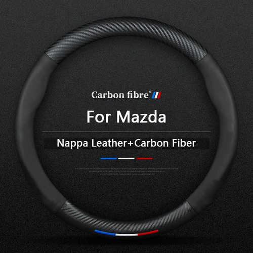 Para Mazda 2 3 5 6 CX-4 CX-5 CX-7 CX-8 CX-30 CX-50 MX5 Miata RX-7 RX-8 Axela Atenza cubierta de volante de cuero de fibra de carbono para coche