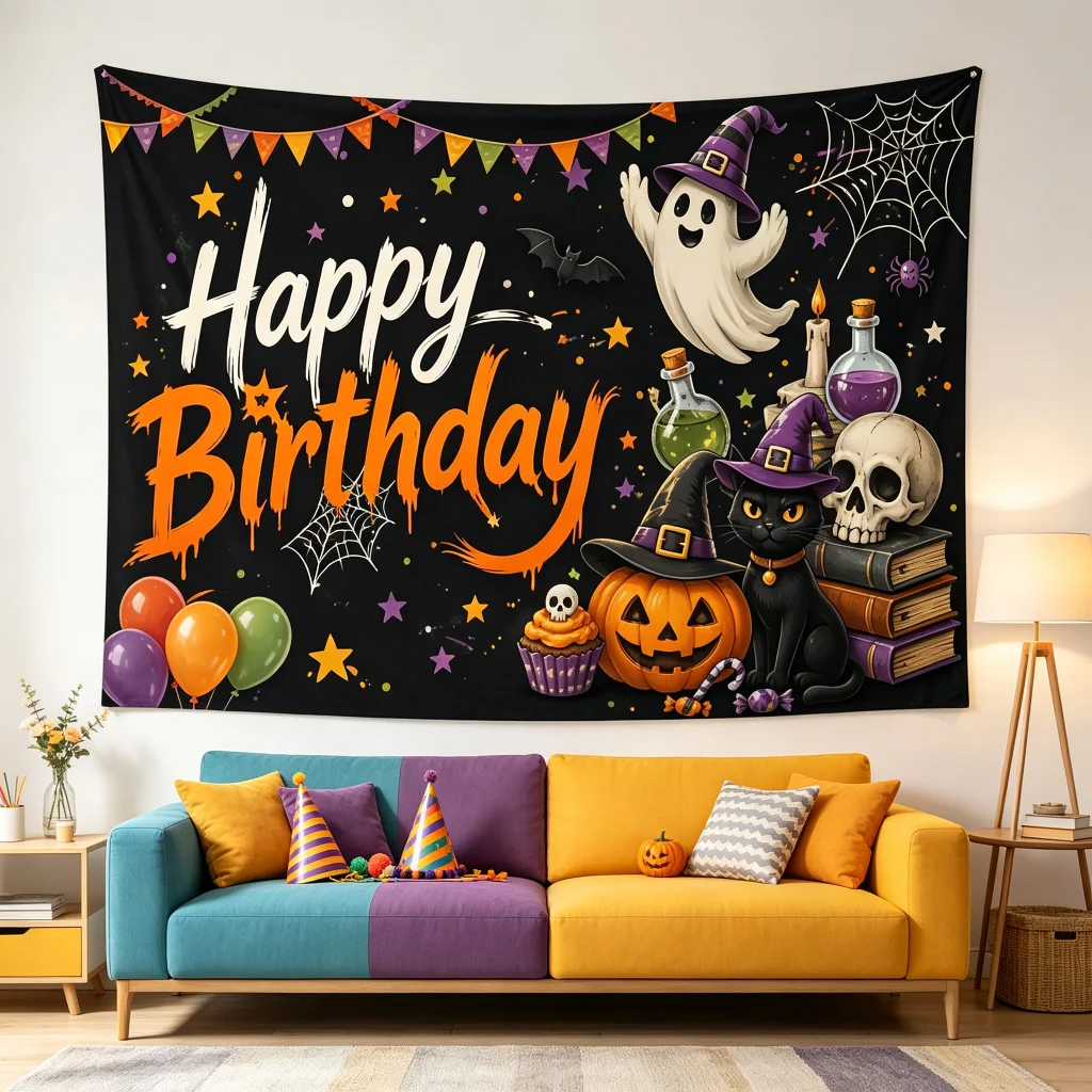 1PC Halloween Birthday Ghost Pumpkin Cat Print Backdrop Banner, Bedroom Photo Background, Polyester, Halloween Party Decoration