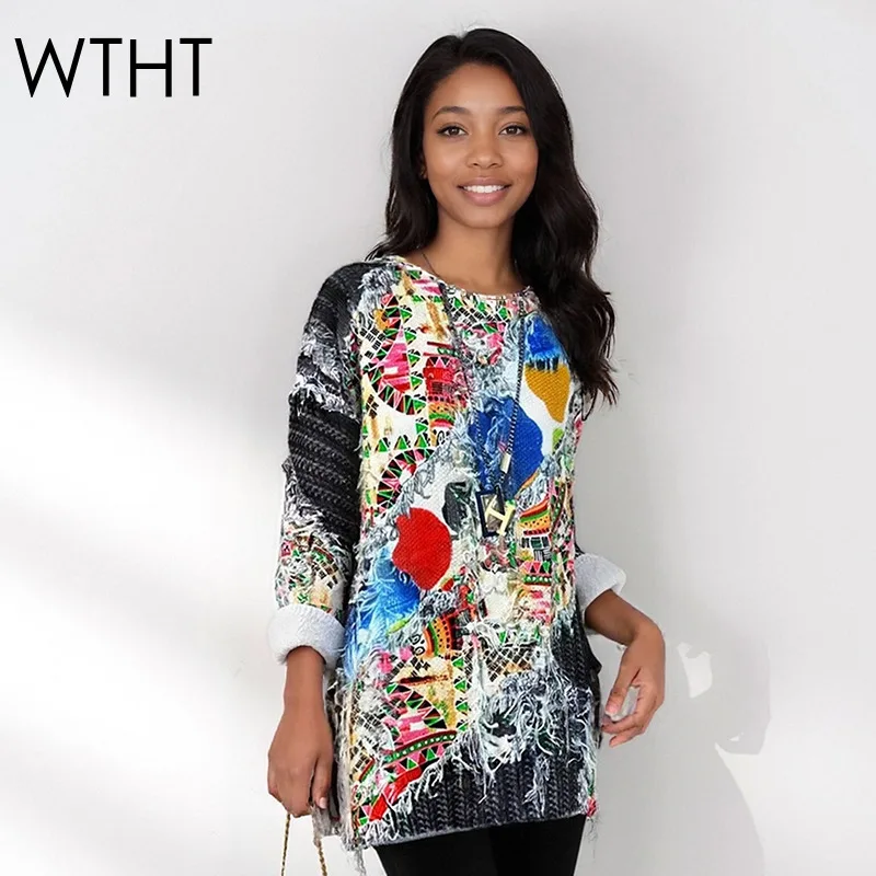 

WTHT 2025 Autumn Fashion Women's Spliced Irregular Burr Edge Contrast Color Pullovers O-neck Long Sleeves Sweater Female 1LS2643