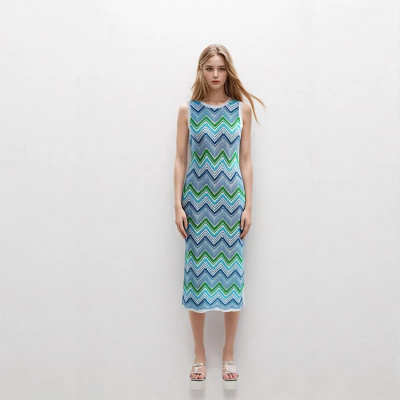 

Women's Knit Midi Dress Sleeveless Crew Neck Bodycon Summer Beach Dress