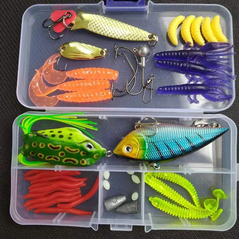 Wondersee 40pcs ชุดเหยื่อตกปลากบ VIB ช้อน JIG HEAD T-Tail กุ้งนุ่มหนอนลูกปัดกล่องเก็บขายส่งสต็อก Clearance