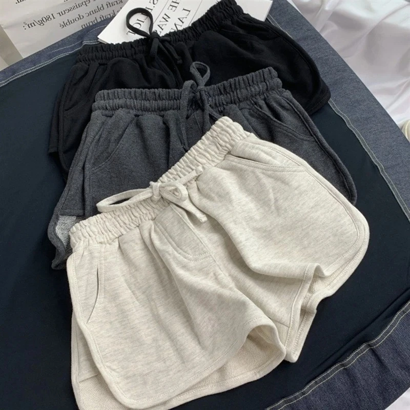 Short de fitness décontracté pour femme, short d'été pour femme, gris, noir, monochromatique, taille haute, taille élastique, mode 2024