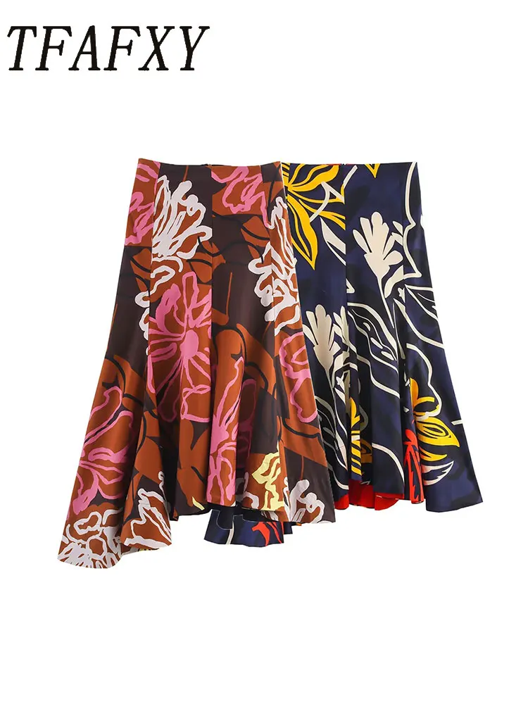 

TFAFXY Women's Skirt Asymmetric Hem Printed Midi Skirts for Women Streetwear Casual Elegant Party Skirts