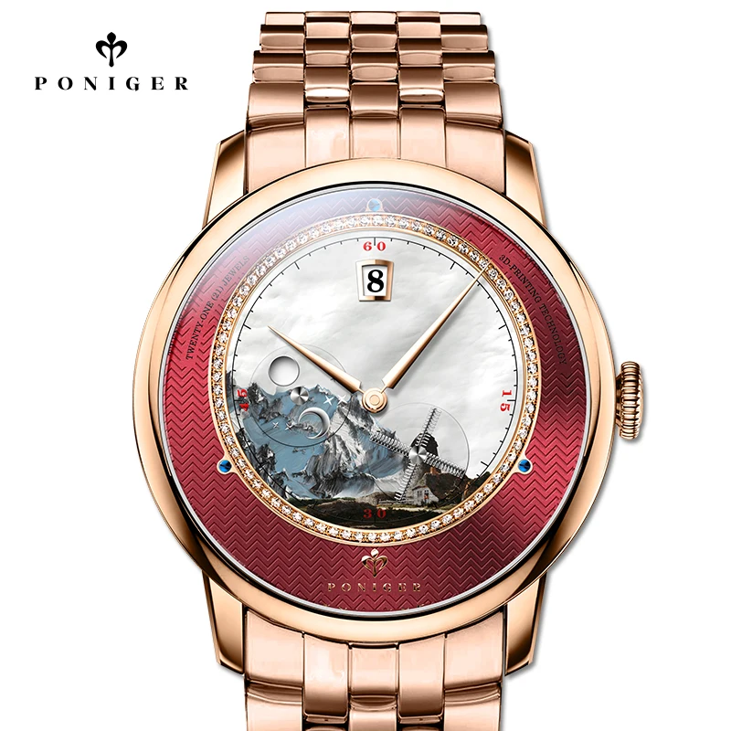 

PONIGER Men's Automatic Mechanical Watch Luxury Scenery Dial Sapphire Crystal Japan Imported Movement Date Function P723-2
