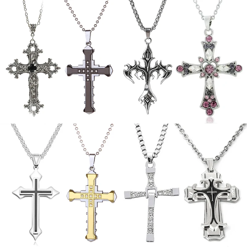 Goth Vintage Cross Pendant Necklace for Women Men Gothic Sliver Grunge Male Cool Street Style Necklaces Chains Punk Kpop Jewelry