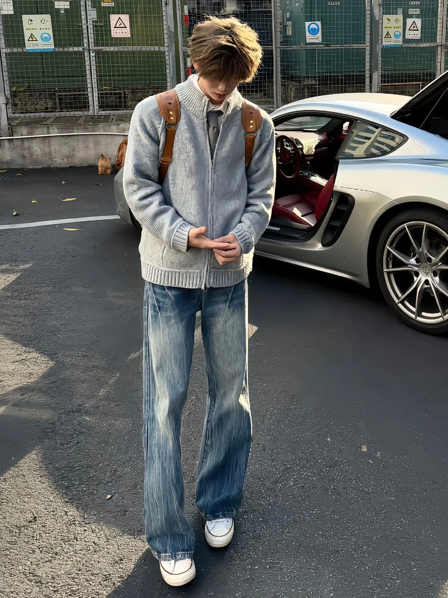 

Blue Lightning Pattern Jeans Men's Spring Straight Leg Bell Bot Stretch Denim mid Waist Vintage Waed Casual Trousers