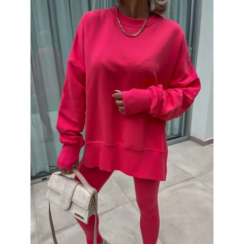 

Комплекты для женщин, весна-осень, новые модные свободные свитера с длинными рукавами и круглым вырезом, верхние костюмы, облегающие леггинсы, спортивные комплекты