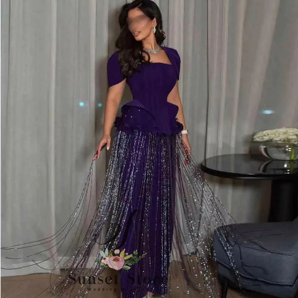 

Customized Purple Mermaid Evening Dress 2026 Corset Top with 3D Flowers & Fringe Tassels Beaded Formal Party Gown with Jacket