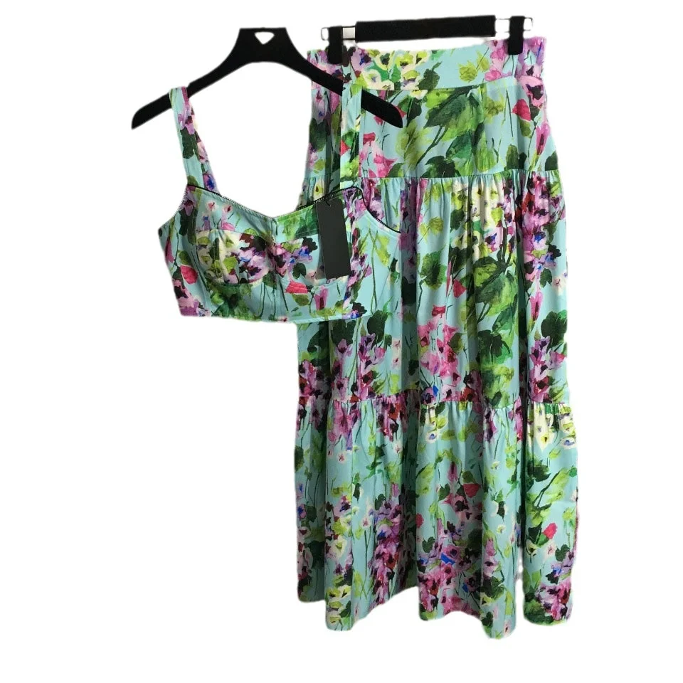 JAMERARY Fashion Two Piece Dress Sets Women Floral Print Sexy Bustier Corset Crop Tops + Pleated Long Maxi Skirts Suits Female