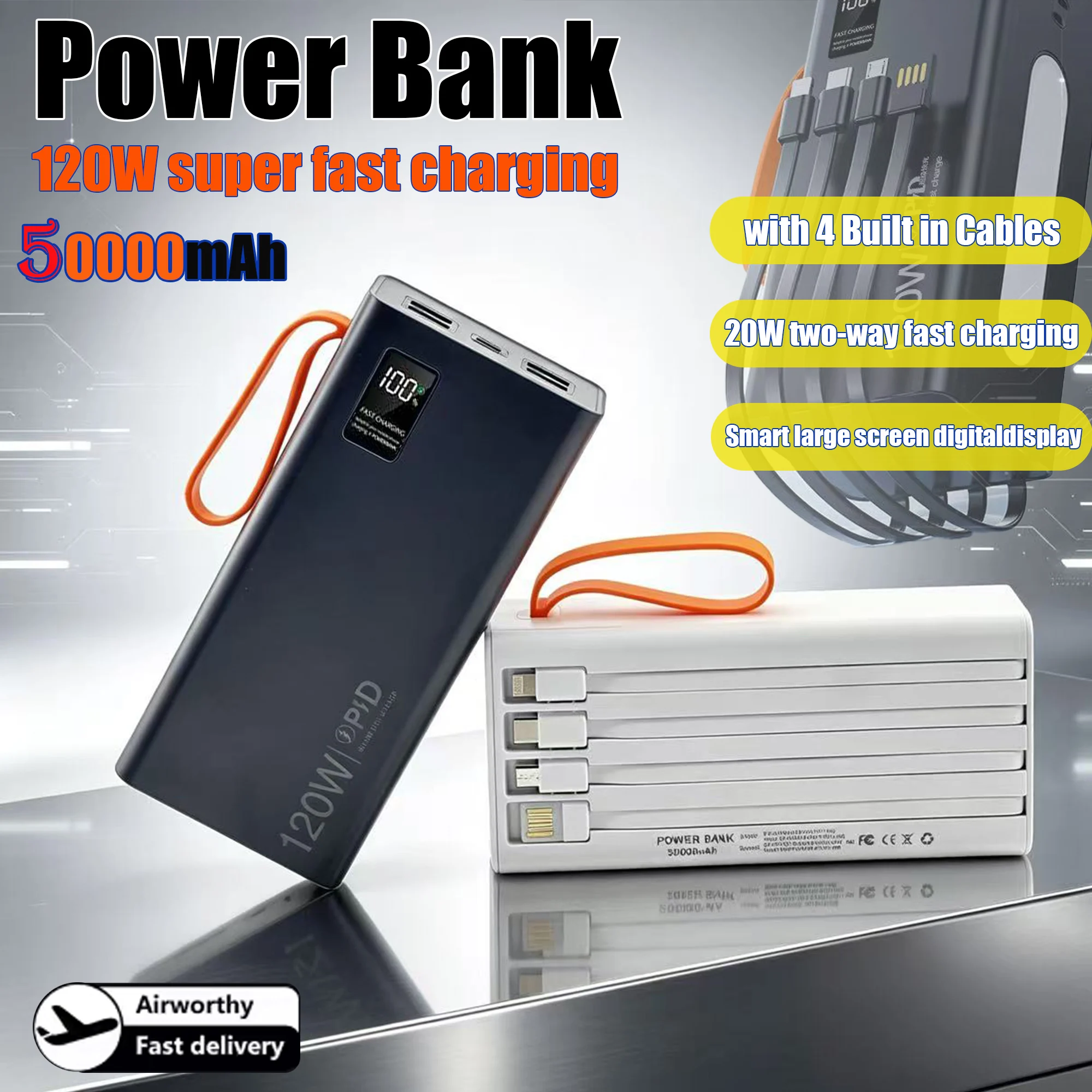 4-in-1 Power Bank 120W 500000mAh High Capacity With Cables Super Fast Charging Portable Charger For iPhone Samsung 2026