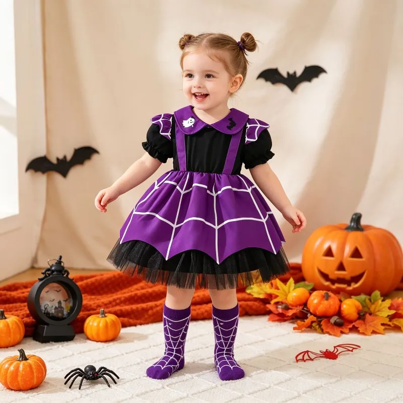 Toddler Baby Girls Halloween Spider Web Tutu Dress Purple Black Puff Sleeve Costume With Matching Socks Party Outfit 0 24M