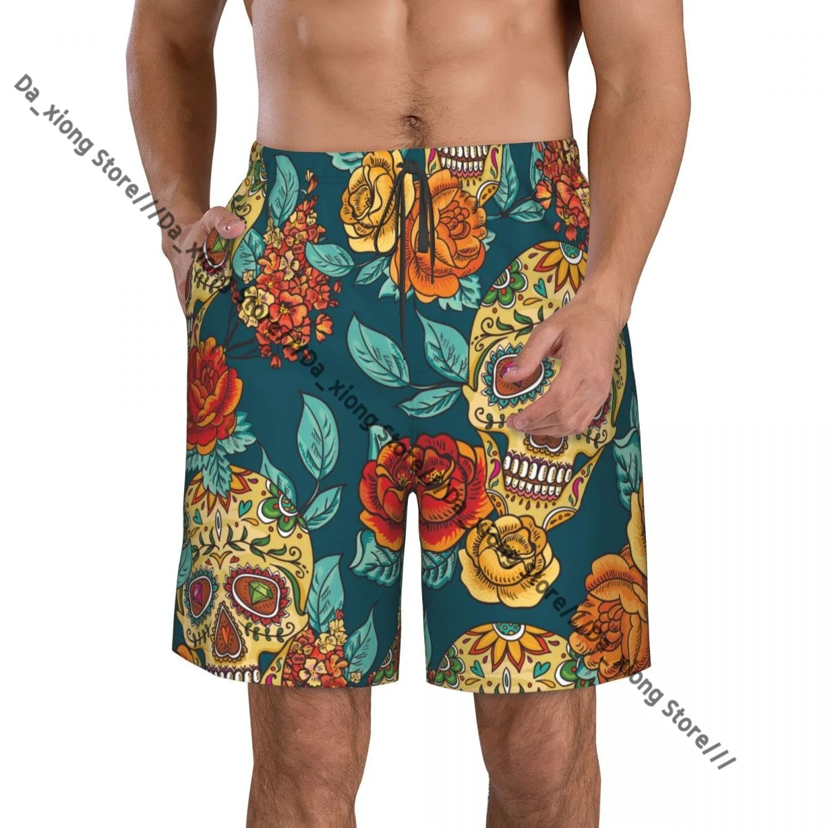 Men's Beach Short Swim Shorts Diamond And Flowers Skull Print Surfing Sport Board Shorts Swimwear