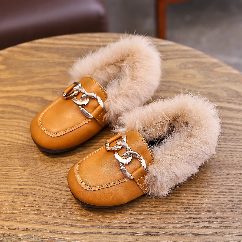 Luxury brand kid fur slippers boot retro antislip cotton shoe boy loafers winter plush kid shoe warm home shoe fashion girl shoe