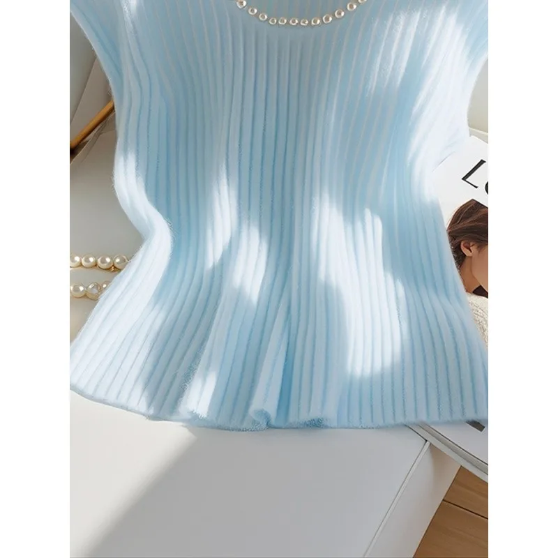 Sommer Stricken Frauen Weste O Hals Perle Diamant Stricken Solide Pullover Top Koreanische Mode Dünne Leichte Pendler Weibliche Tragen