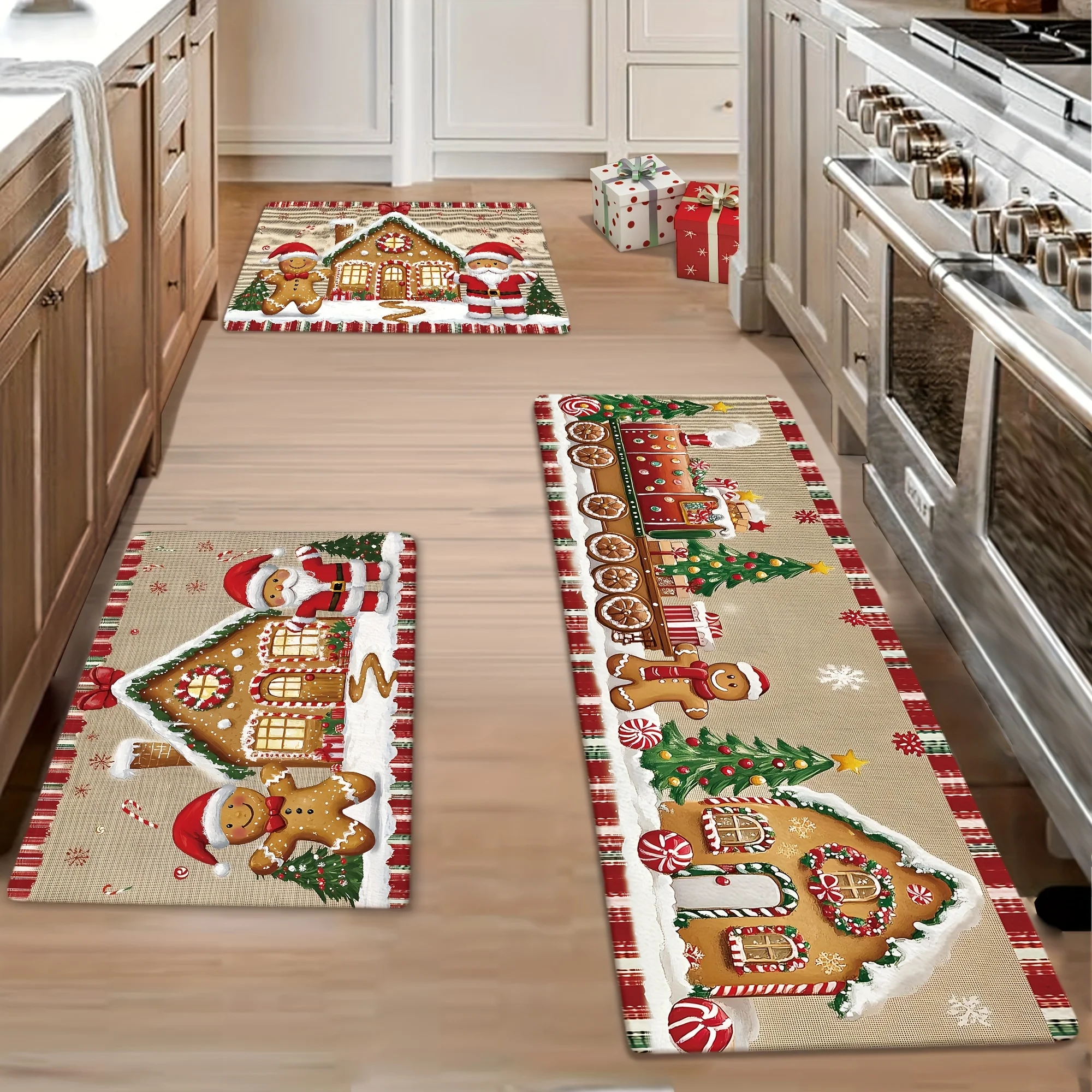 VIKAMA Weihnachtsteppich, 3 Stück, Lebkuchenhaus-Bodenmatte, Küchenteppich, Fußmatte, Willkommensmatte, Teppich für Schlafzimmer, Teppich für Wohnzimmer