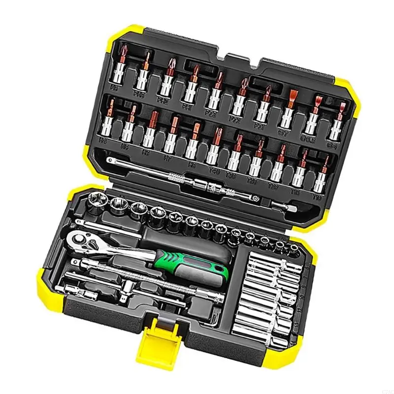 53Pcs 1/4 Inches Ratcheting Sockets Wrenches Extension Bar Set for Automotive Repairs and Home Projects C7AC