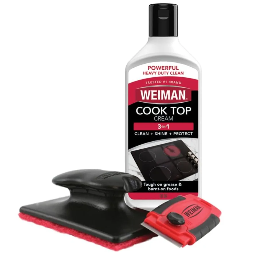 Weiman Glass and Ceramic Cooktop, Stove Top and Oven Cleaner Kit Kitchen Cleaner Cream, 3 Scrubbing Pads and Scraper for Burnt-