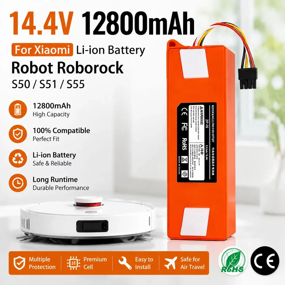 Batteria di ricambio per aspirapolvere robot Xiaomi Roborock S55 S60 S65 S50 S51 S5 MAX, ricambi S6, 14,4 V, 12800 mAh.