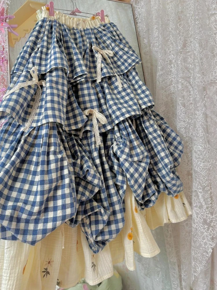 Korean Sweet Fit Chic Plaid Patchwork Skirt Women New Fashion Vintage Bow Print Fluffy Skirts Harajuku Y2k Lovely Clothes Spring