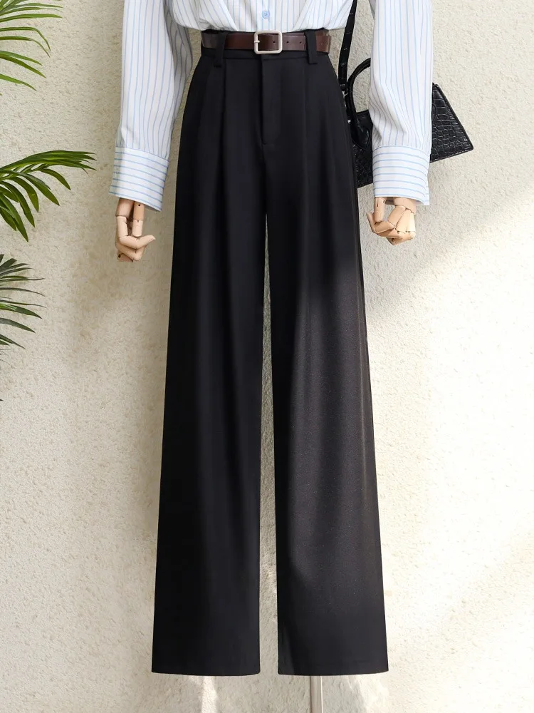 Fall Winter 2024 Burgundy Suits Pants for Women Office Lady Elegant High Waist Wide Leg Fashion Trousers with Pockets Black Gray