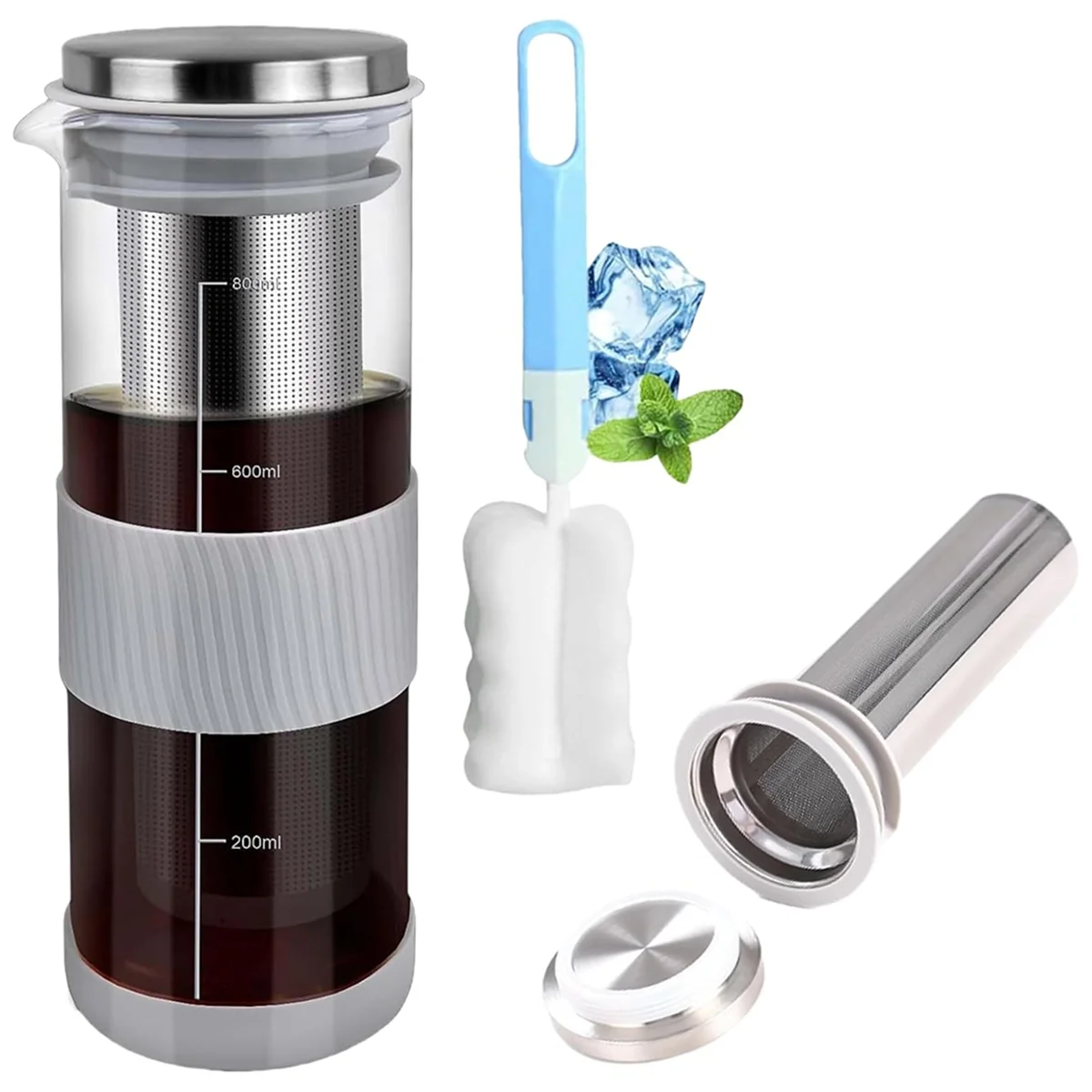 Cold Brew Coffee Maker Mason Jar Pitcher 800ML Stainless Steel Filter with Cup Brush Cold Brew Pitcher for Fruits