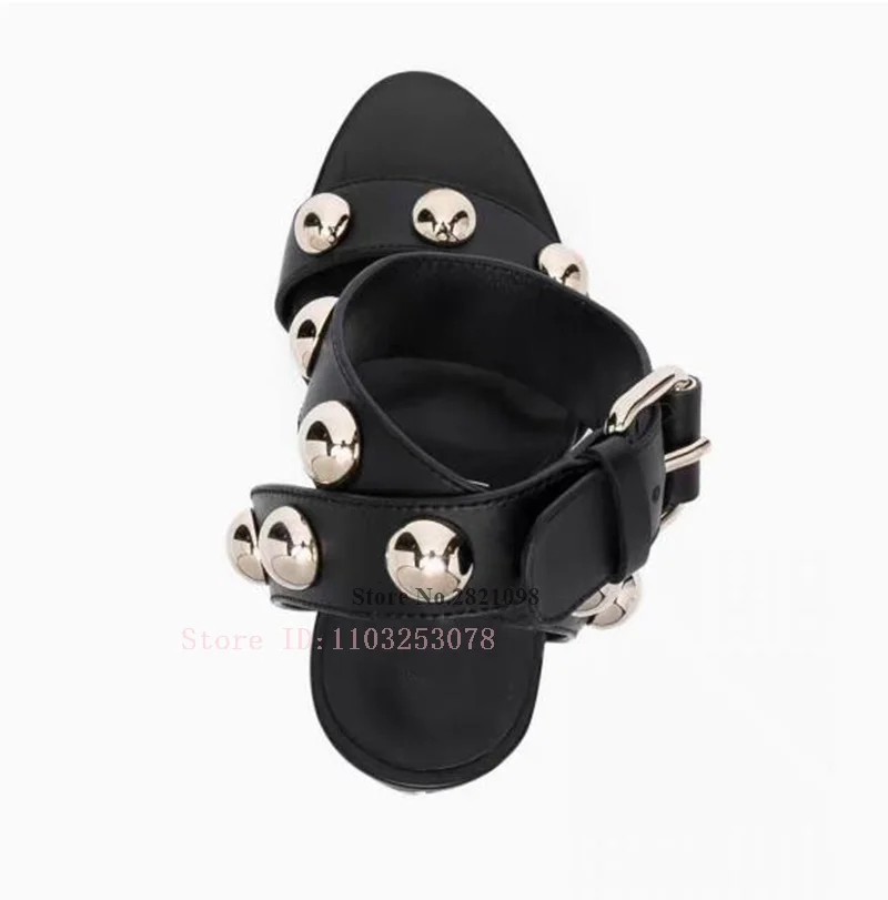 Blade Heeled Black Leather Golden Stud Ankle Wap Strap Big Buckle High Heel Sandals Women Summer Prom Shoes