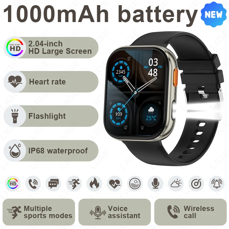 

LIGE Смарт-часы для мужчин, светодиодный фонарик, аккумулятор 1000 мАч, 2,04 дюйма, HD, большой экран, монитор сердечного ритма, сна, водонепроницаемые умные часы 2026